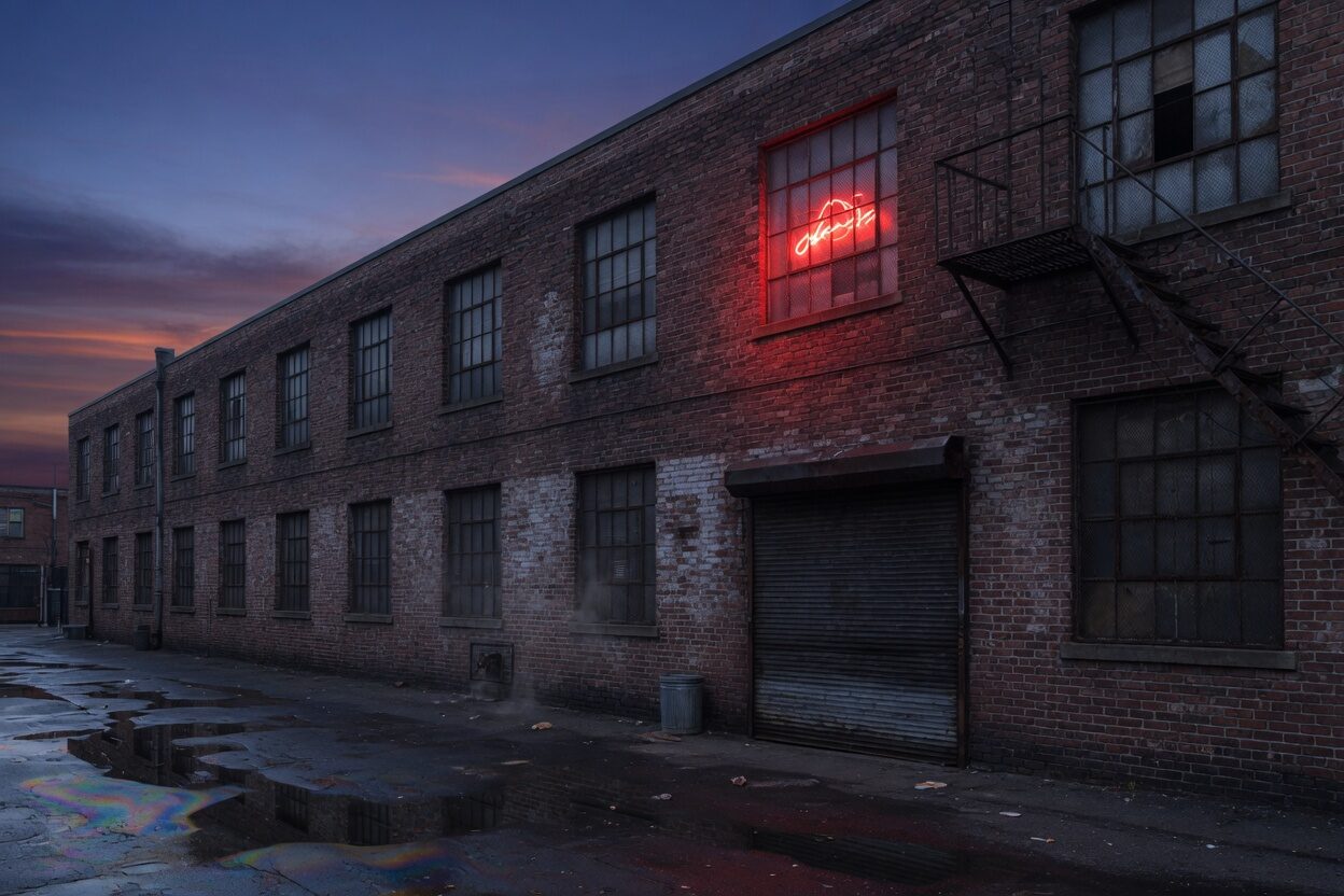 Brick warehouse studio at dusk, a red glow in a high window, wet alley.