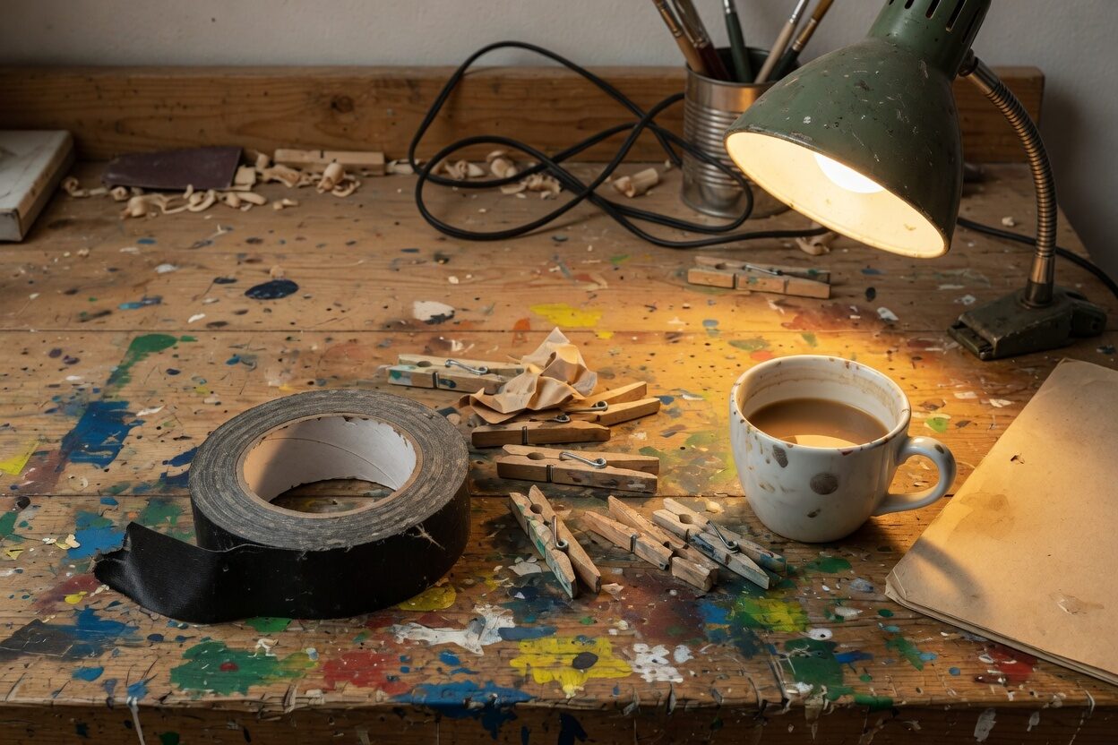 Paint-stained workbench with gaffer tape, clothespins, a coffee cup, and a green lamp.