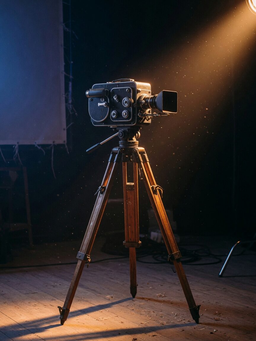 16mm film camera on a wooden tripod in a dim studio, dust in a tungsten beam.