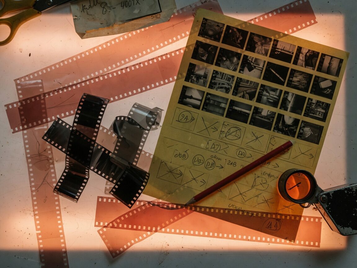 35mm film strips and a contact sheet on a light table with a loupe and a red pencil.