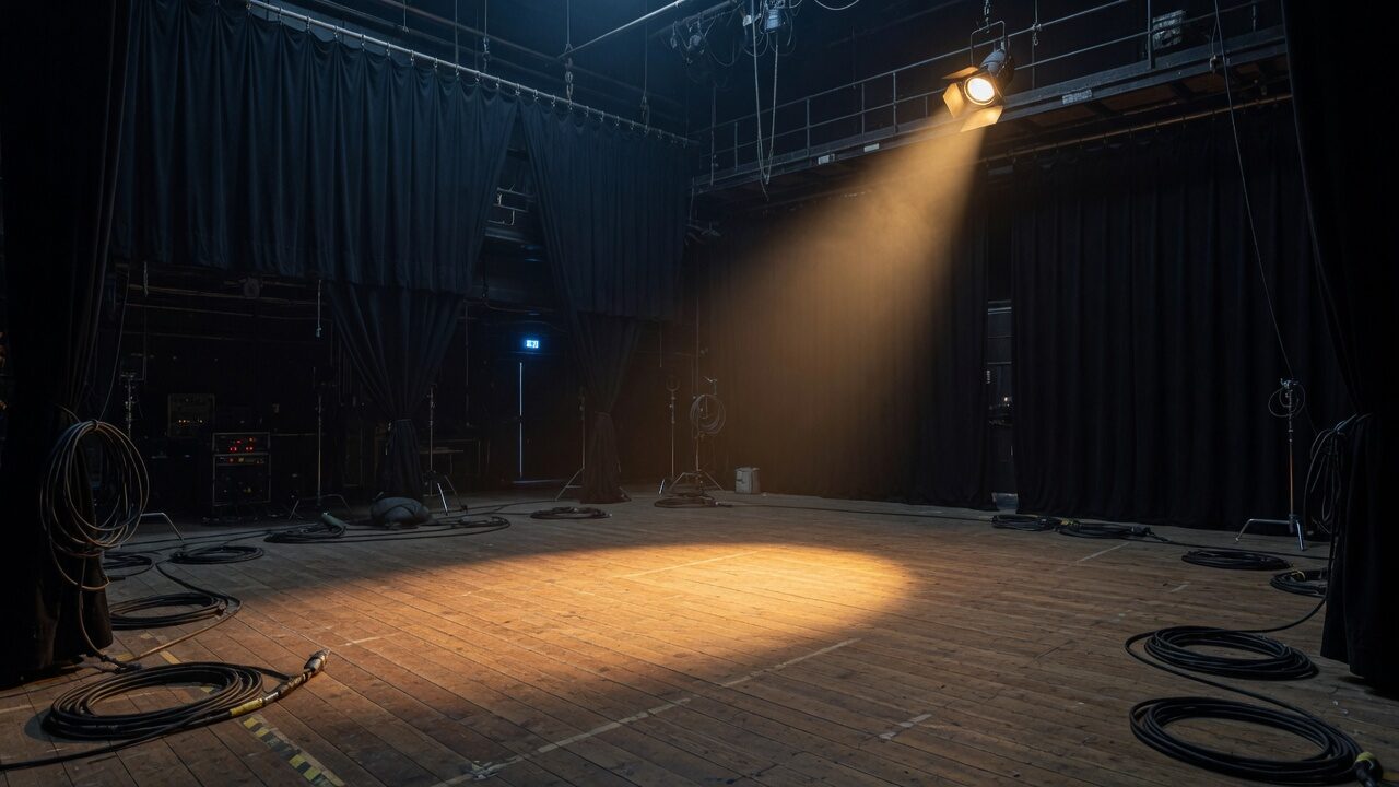 Empty film soundstage at night, a single tungsten spotlight on worn wood, black curtains and coiled cables.